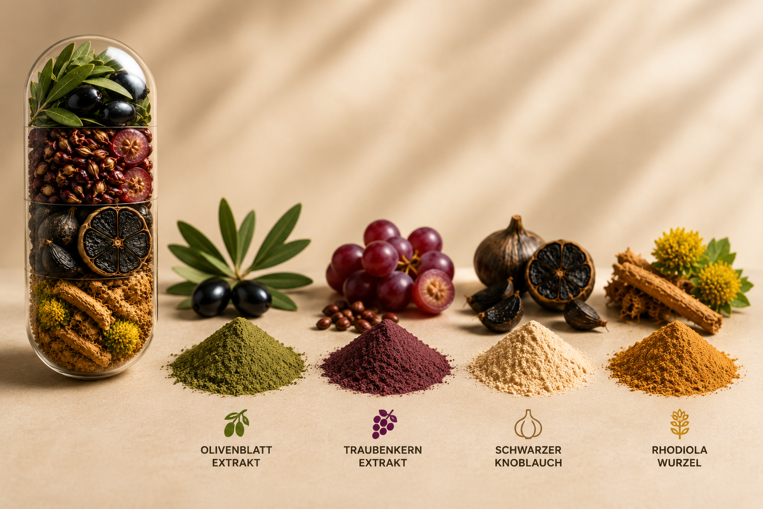 Eine RuheHerz-Kapsel mit den vier natürlichen Zutaten: Olivenblatt, Traubenkern, gereifter Knoblauch und Rhodiola